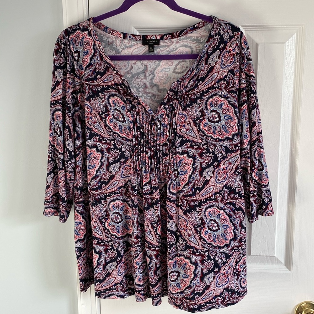 Talbots Americana Paisley 3/4 Sleeve Split Neck Top Size 1X Red, White & Blue